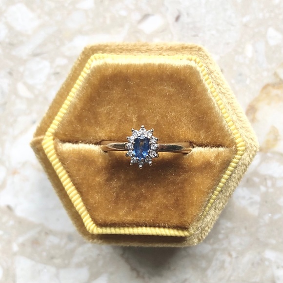 SOLD (Etsy) Light Blue Sapphire Diamond Halo Yellow Gold Ring - Picture 4 of 8
